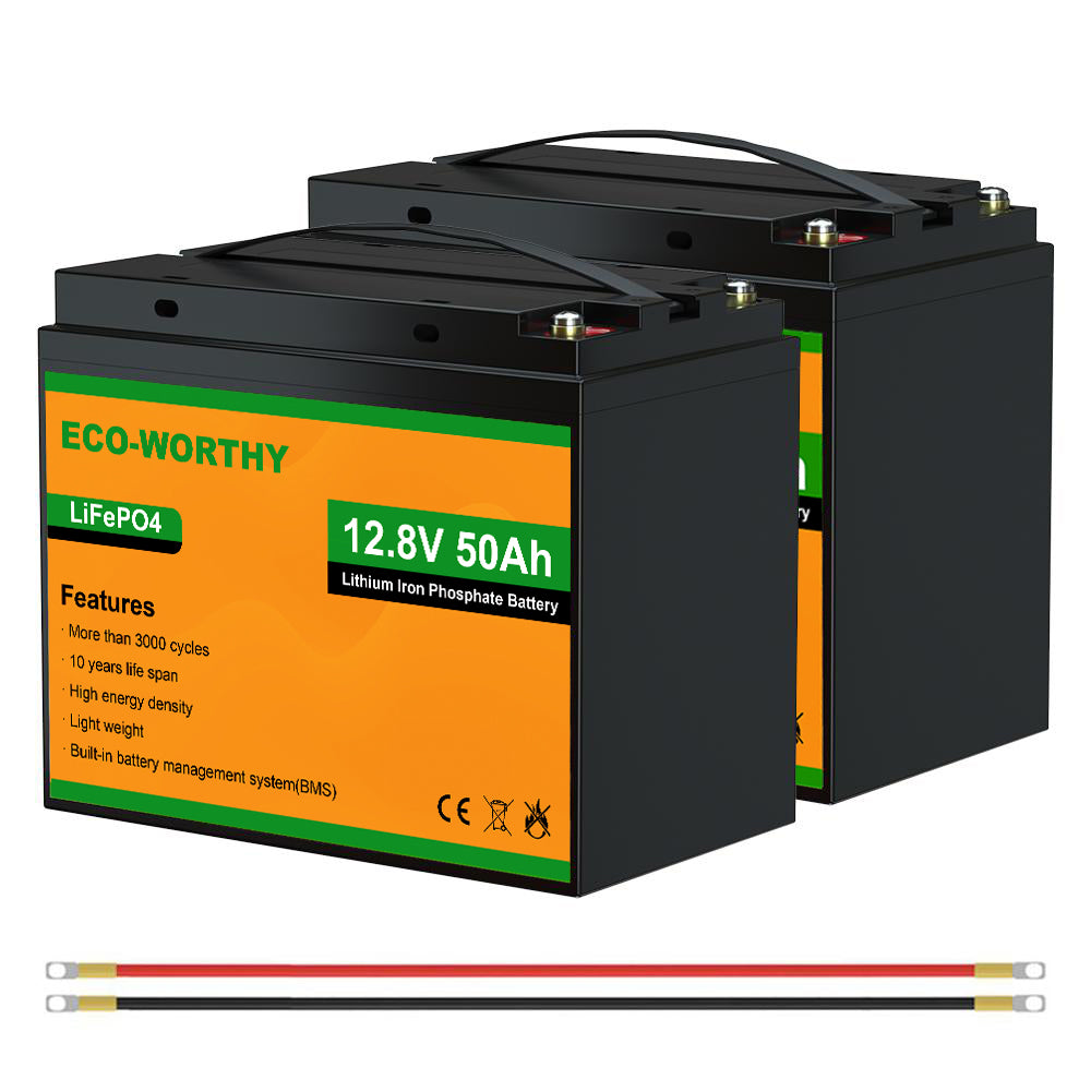 ECO-WORTHY LiFePO4 12V 50Ah Lithium Iron Phosphate Battery, 2*50Ah + Interconnect Cables